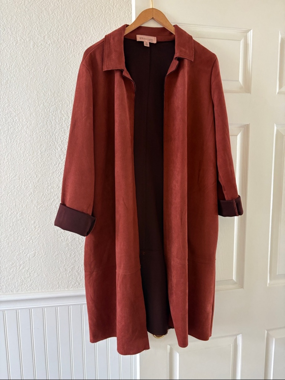 Philosophy Brick Red Suede Long Trench Coat